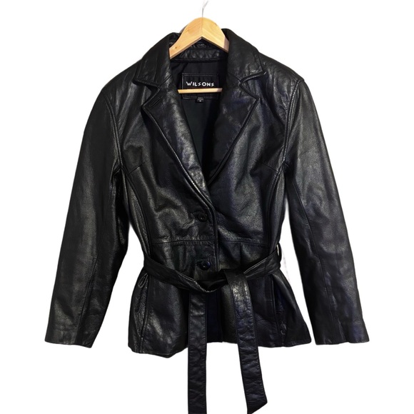 Wilsons Leather Jackets & Blazers - VINTAGE Wilson’s  Black Genuine Leather Jacket w/belt 20” Armpit/Armpit Size M